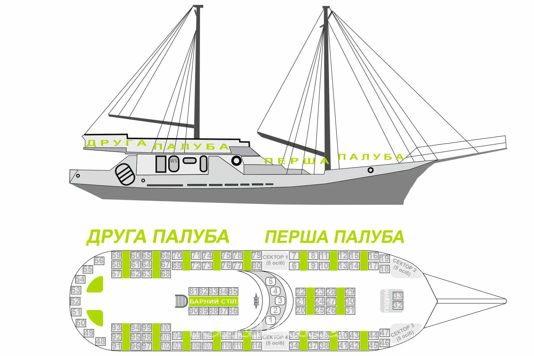 Enlarge photo of the scheme of accommodation of guests on the brigantine Corsair Accommodation scheme for guests on the brigantine Corsair