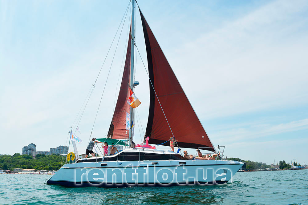 Enlarge photo of the catamaran Ocean against the background of the city Catamaran Ocean on the background of the city